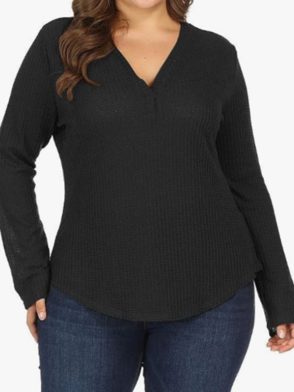 ALLEGRACE Women’s Plus Size 3X Black Waffle Knit V-Neck Pullover Top